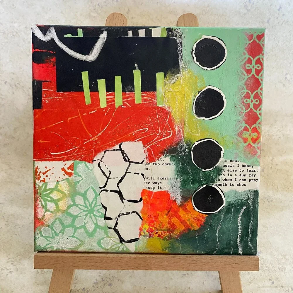 Mini Canvas 8x8 Original Acrylic Art with easel Abstract and collage handmade